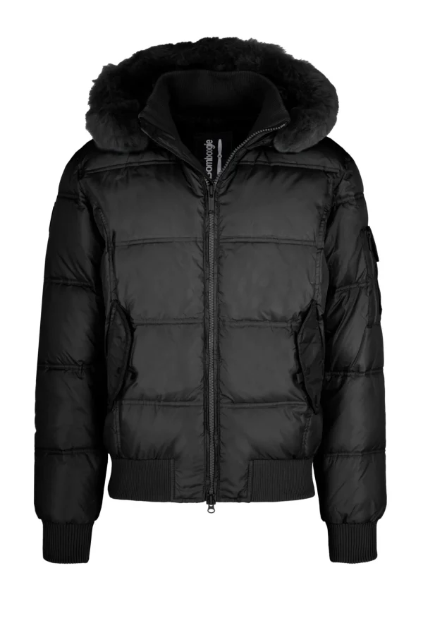 Uomo Bomboogie Bomber>Bomber Imbottito In Piuma Con Bordo Cappuccio In Vera Pelliccia Nera