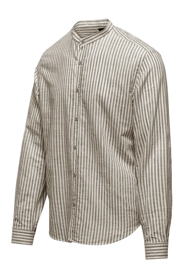 Uomo Bomboogie Camicie>Camicia In Lino/Cotone A Righe Con Collo Alla Coreana